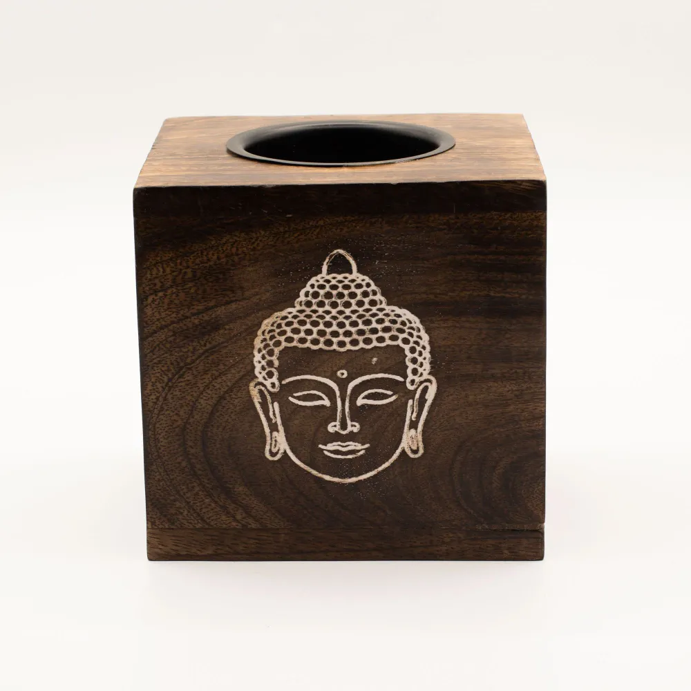 Stor firkantet oliebrænder i mangotræ - Buddhaansigt
