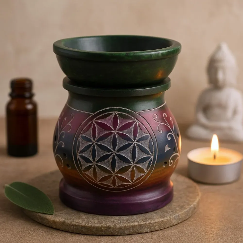 Tealight Oliebrænder Sæbesten 10 cm – Livets Blomst