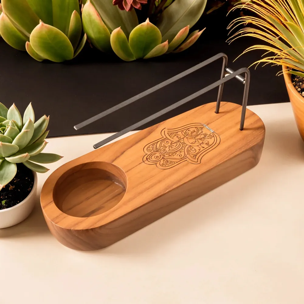 Palo Santo holder teaktræ Hamsa design