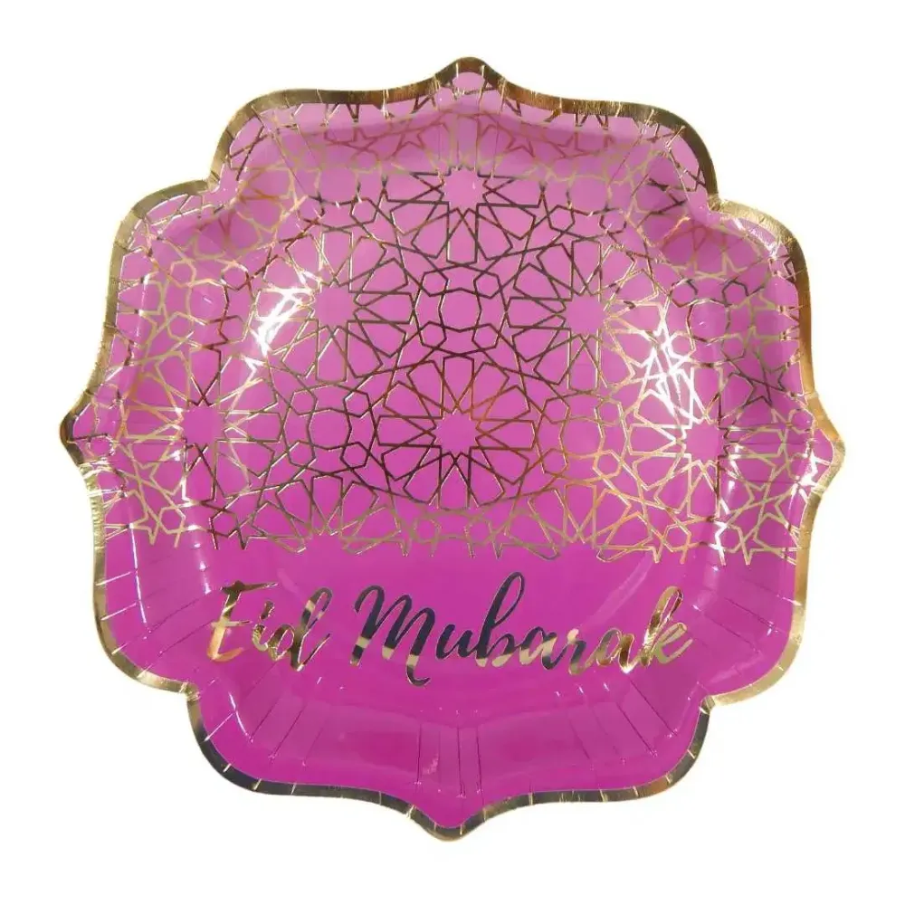 EID Mubarak lilla og guld tallerken, 10 stk.