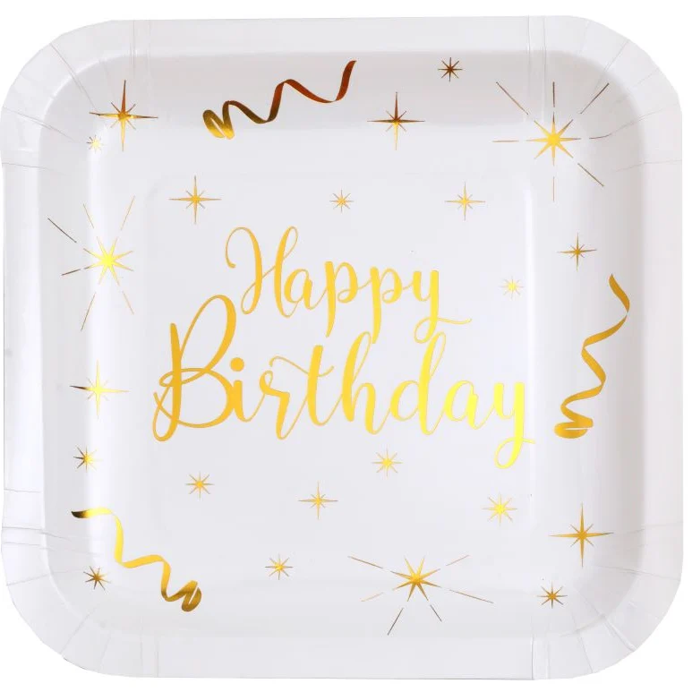 Firkantet "happy birthday" tallerken, 10 stk.