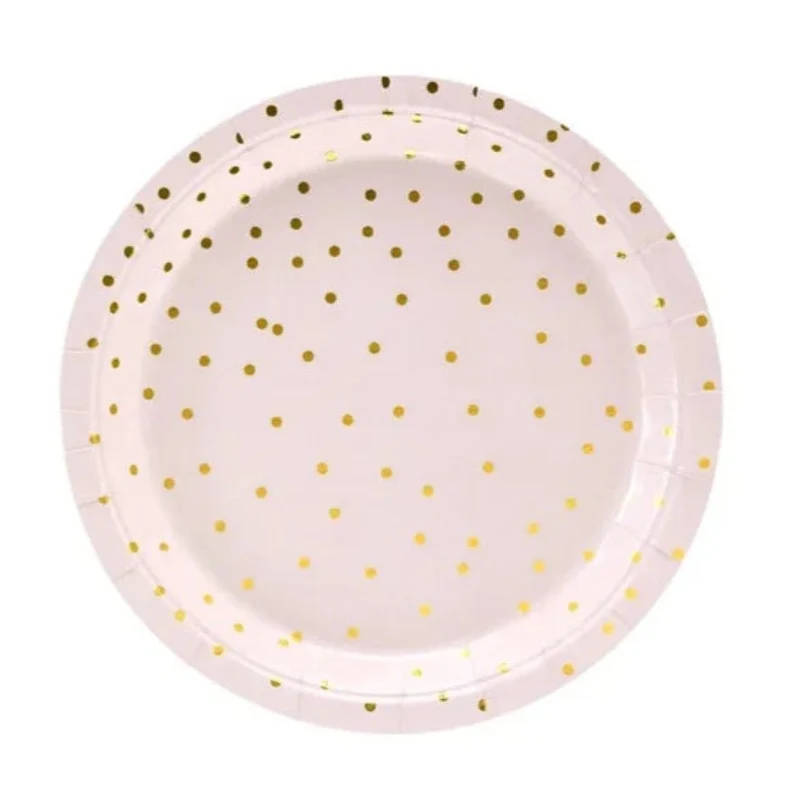 Lyserød tallerken med guld prikker, 18 cm, 6 stk.