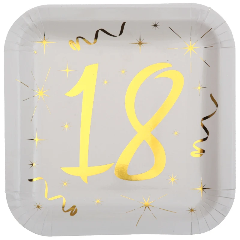 18 års paptallerken, hvid og guld, 10 stk.