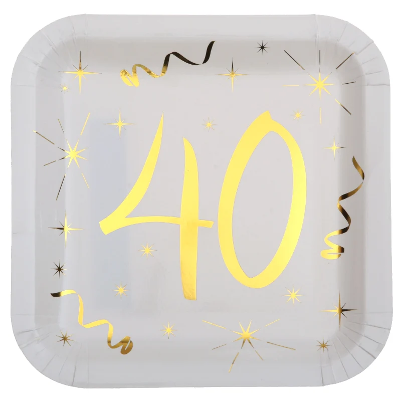 40 års paptallerken, hvid og guld, 10 stk.