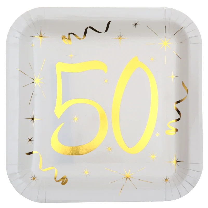 50 års paptallerken, hvid og guld, 10 stk.