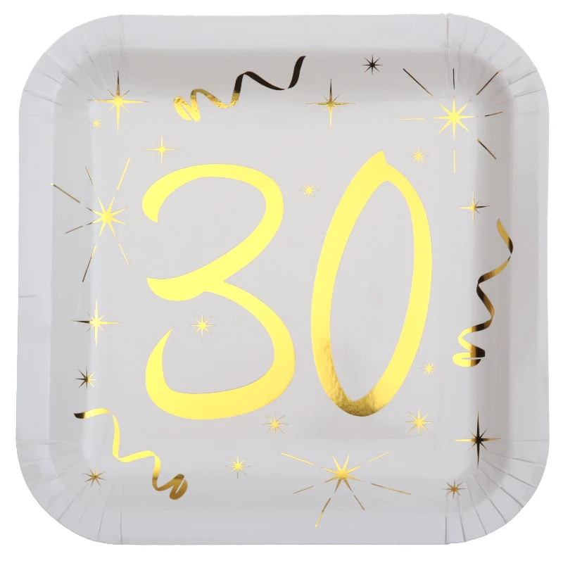 30 års paptallerken, hvid og guld, 10 stk.