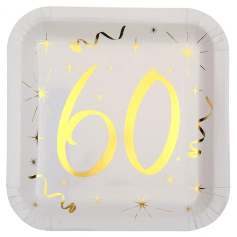 60 års paptallerken, hvid og guld, 10 stk.