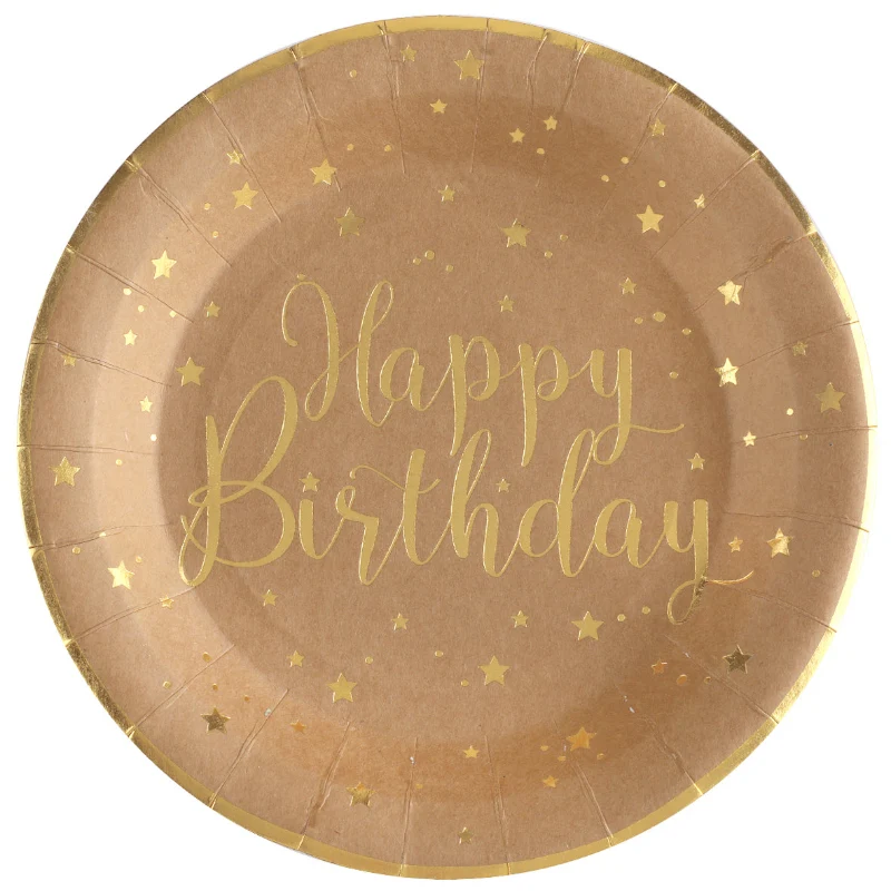 Rund brun "happy birthday" tallerken, 10 stk.