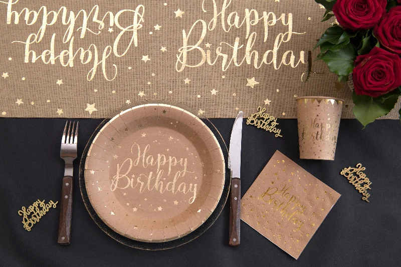 Rund brun "happy birthday" tallerken, 10 stk.