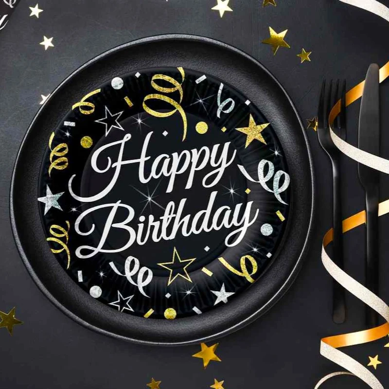Sort "Happy Birthday" tallerken, 18 cm, 6 stk.