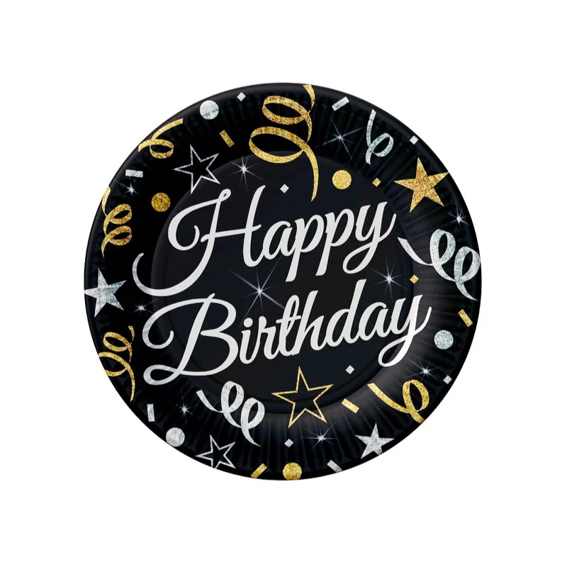 Sort "Happy Birthday" tallerken, 18 cm, 6 stk.
