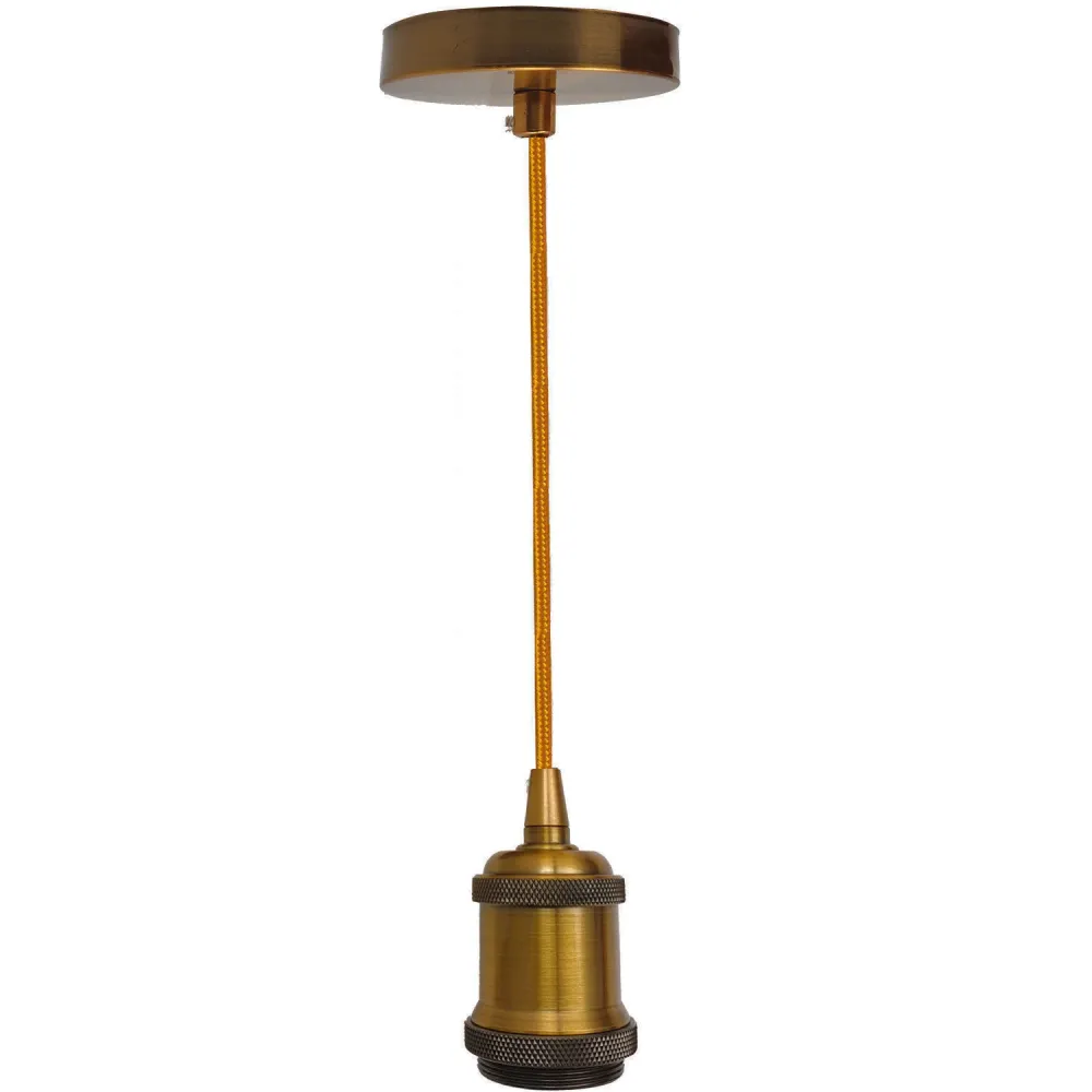 E27 Skrue Loftlampe Pink Stof Flex Pendellampefatning - 1 Meter med Gul Messing ~1224