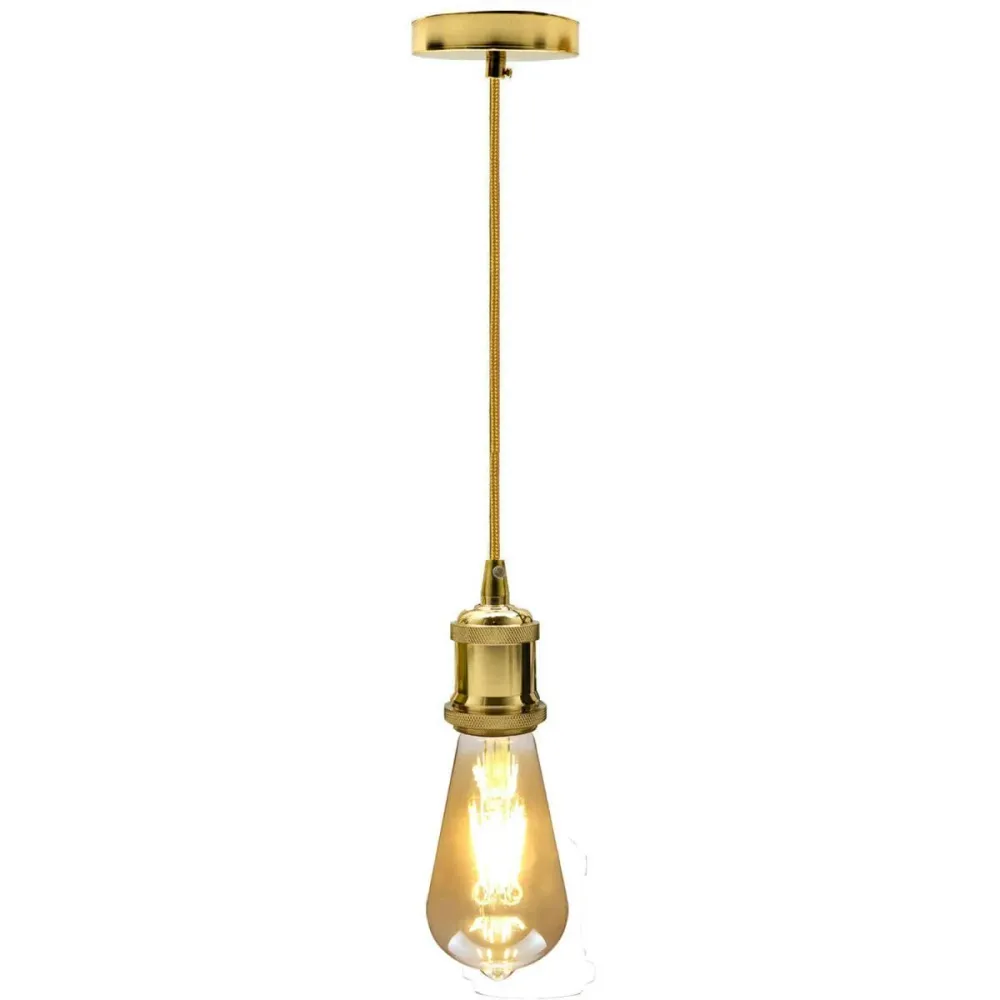 Vintage E27 pendellampe fransk guld 1 m stofledning & loftroset ~ 1434