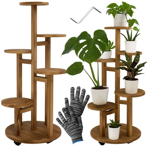 Høj blomsterstander i træ – planteholder med 6 niveauer til 7 potter