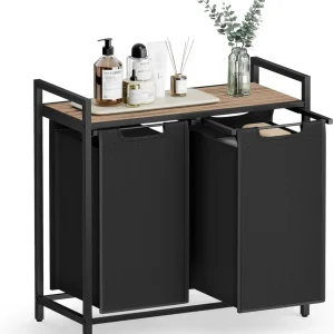 Vasketøjskurv med 2 rum, udtrækkelige og aftagelige vasketøjsposer, hylde, metalstel, 2 x 46 l, 73 x 33 x 72 cm, kamelbrun...