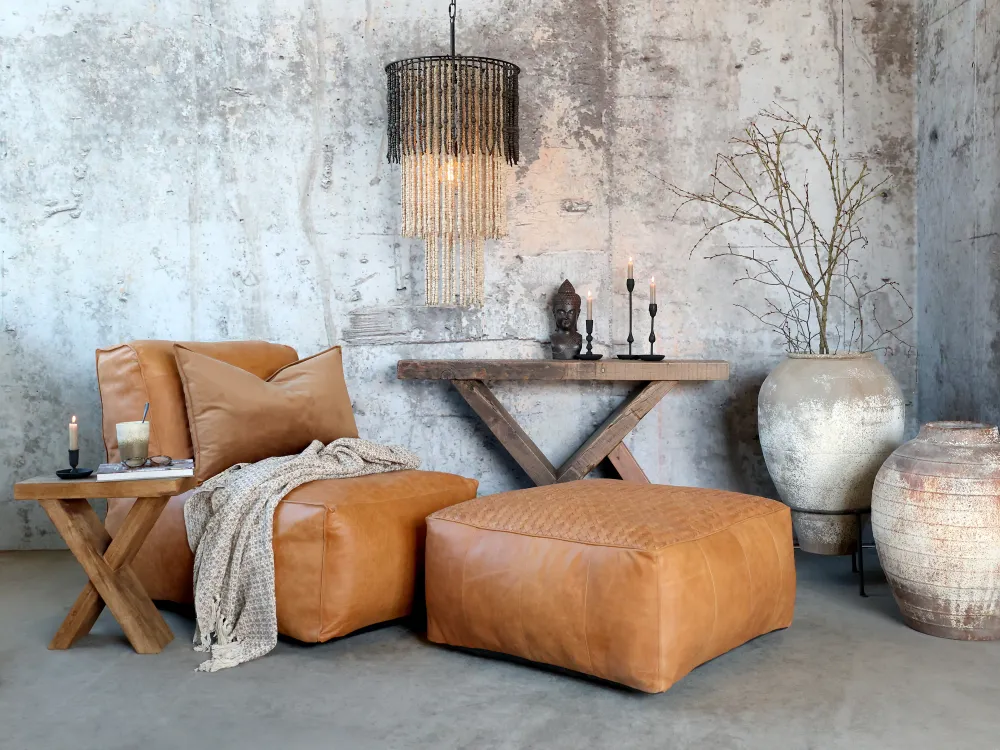 Loungepuf i læder, H35/L75/B75 cm cognac