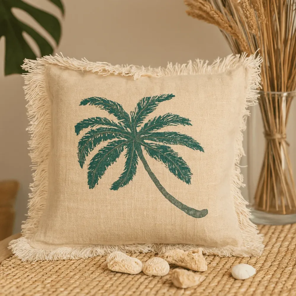 Linnedpude 60x60cm Palme Træ Frynser