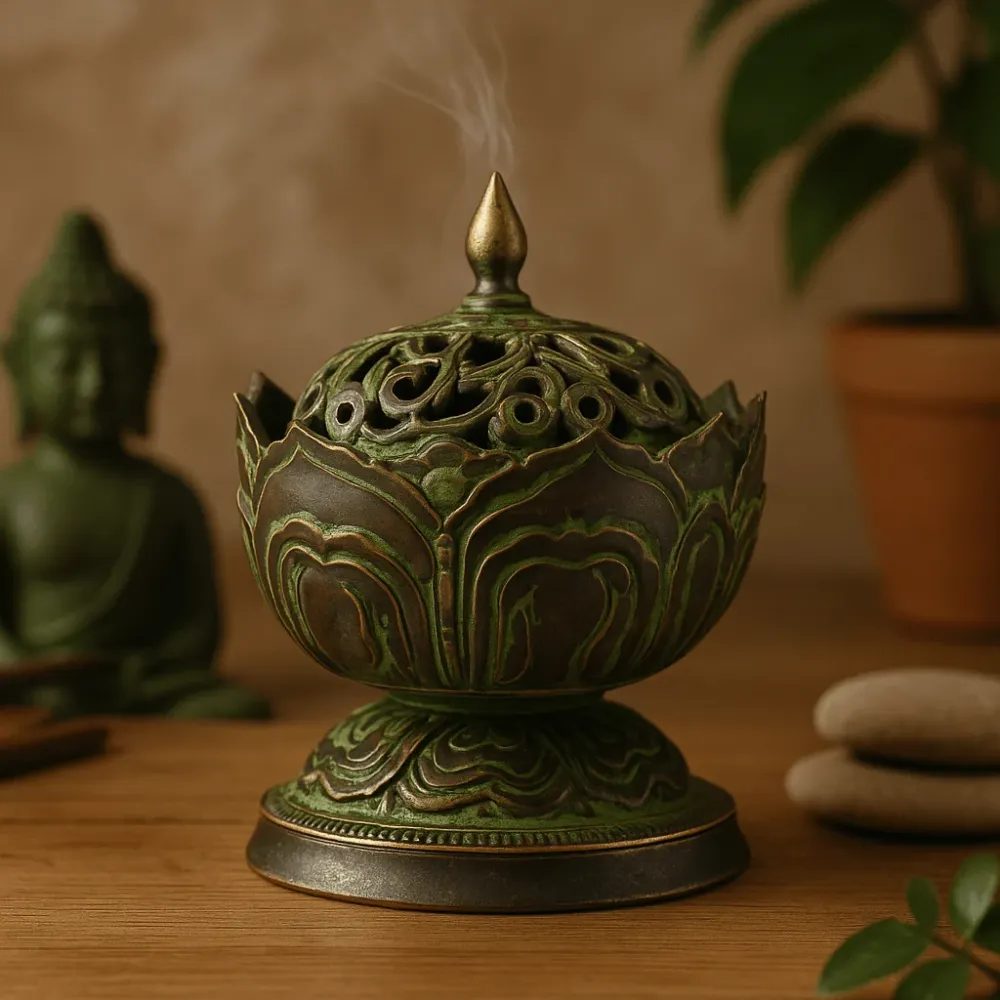 Røgelsesbrænder Messing Grønpatina Lille Lotus Tibetansk
