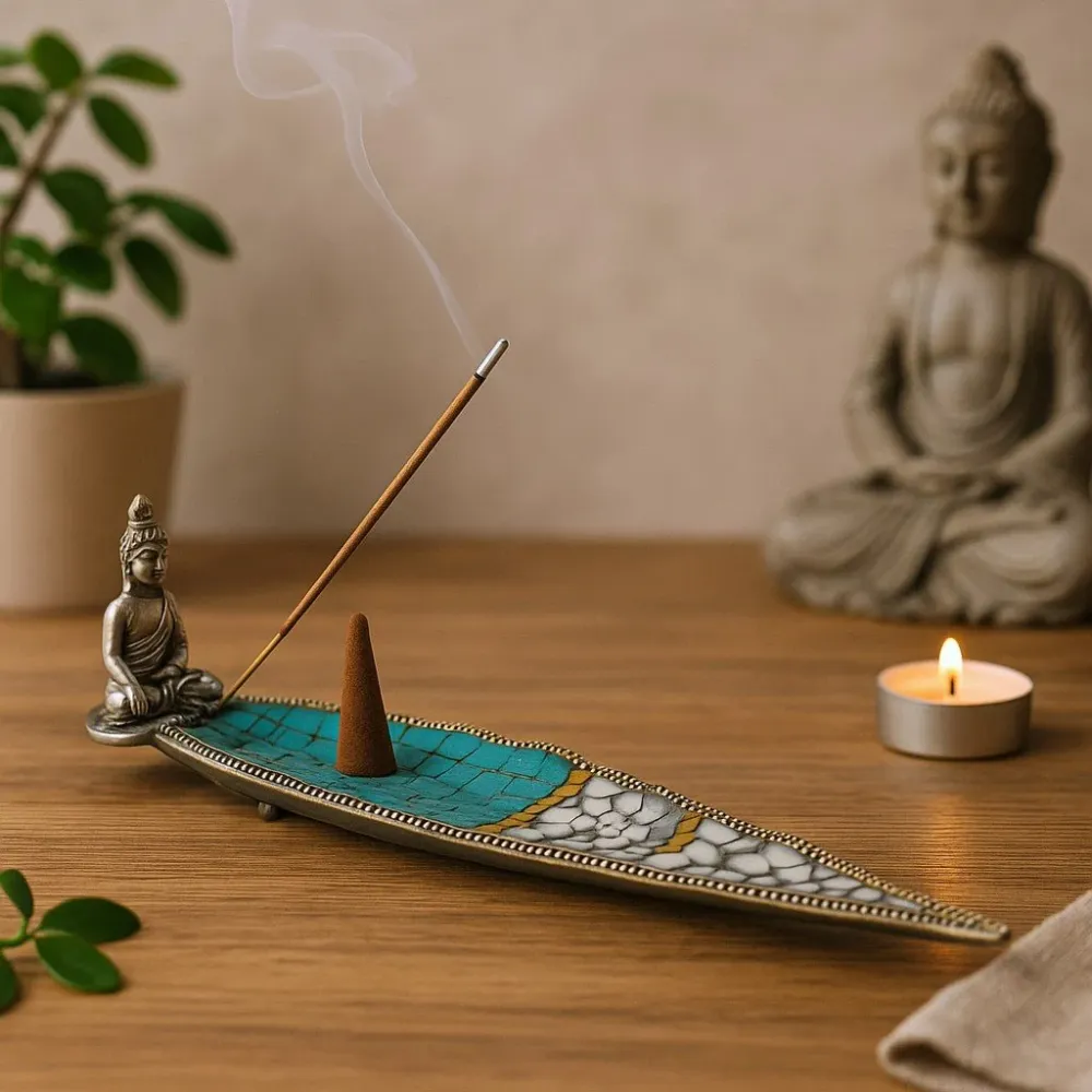 Røgelsesholder, Keramisk Buddha Langt Tibetansk Blad