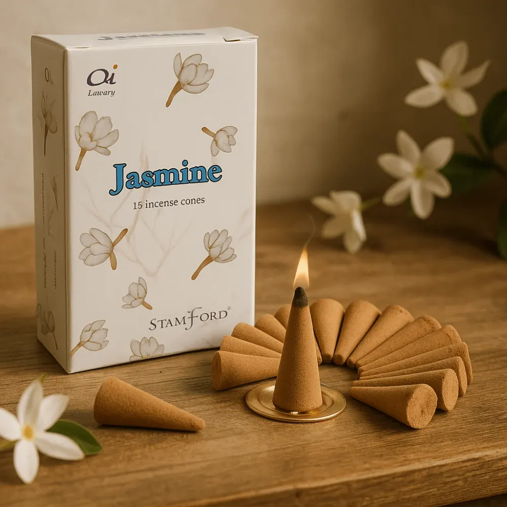 Jasmin røgelseskegler, 15 stk. med metalholder