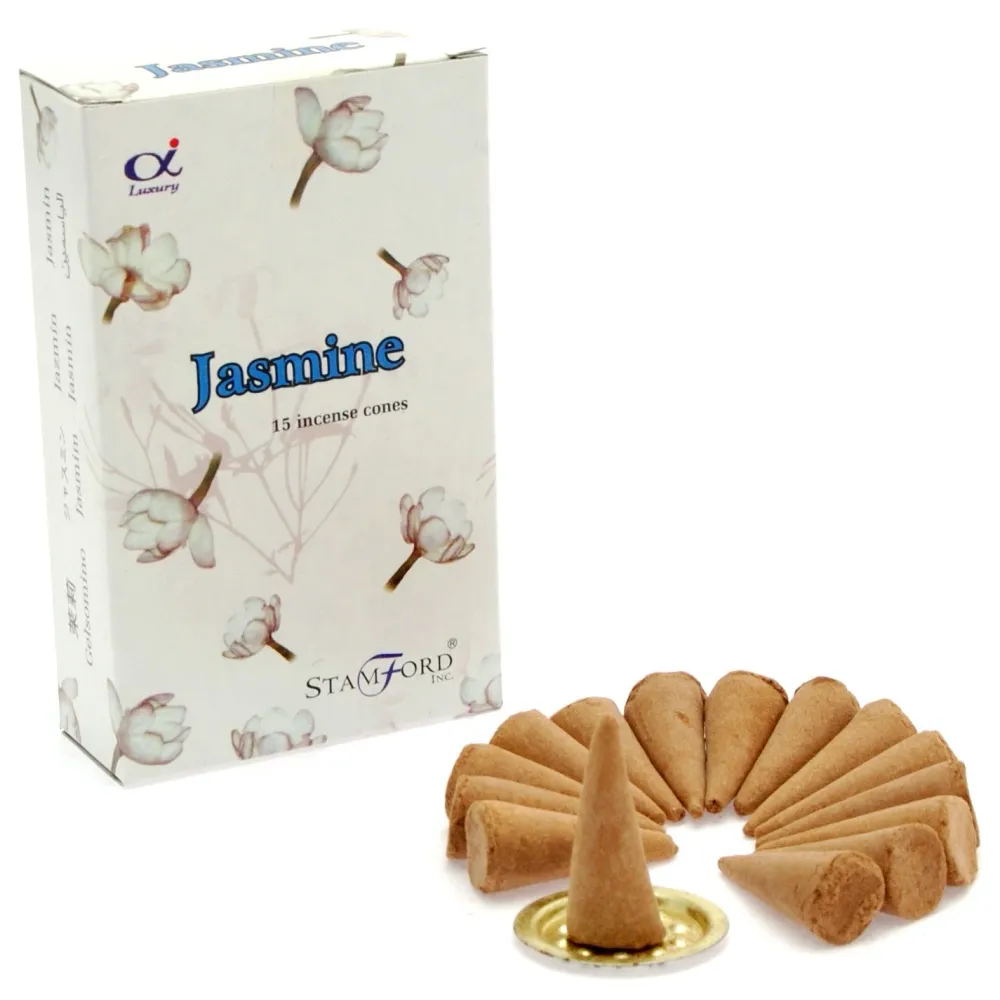 Jasmin røgelseskegler, 15 stk. med metalholder