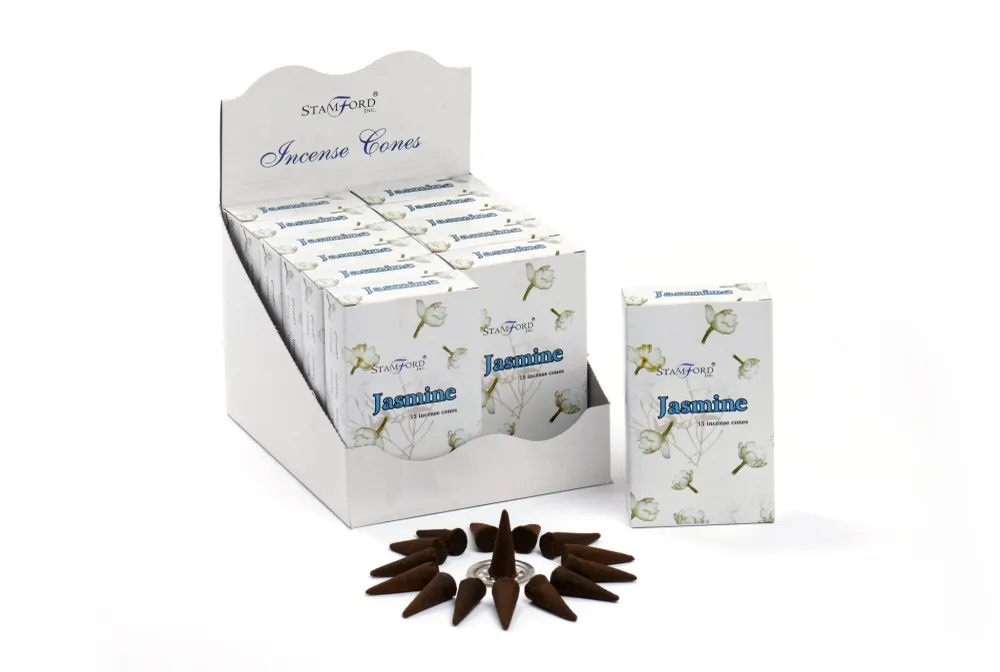 Jasmin røgelseskegler, 15 stk. med metalholder