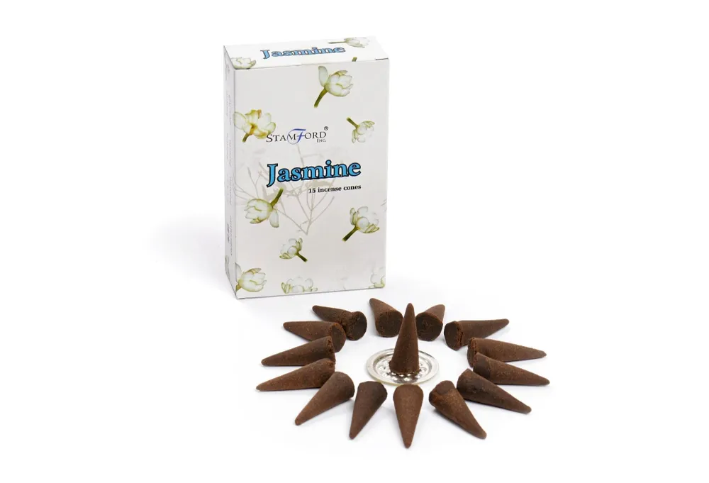 Jasmin røgelseskegler, 15 stk. med metalholder