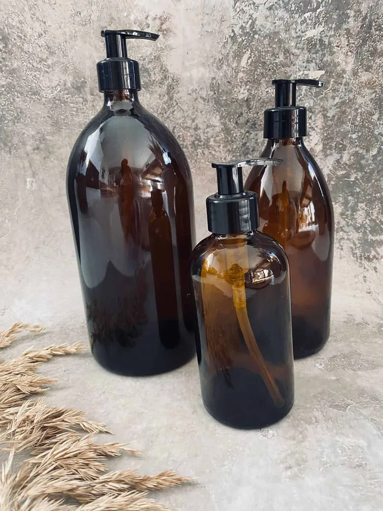 Genbrugsflaske med pumpe – 250 ml – Brunt glas
