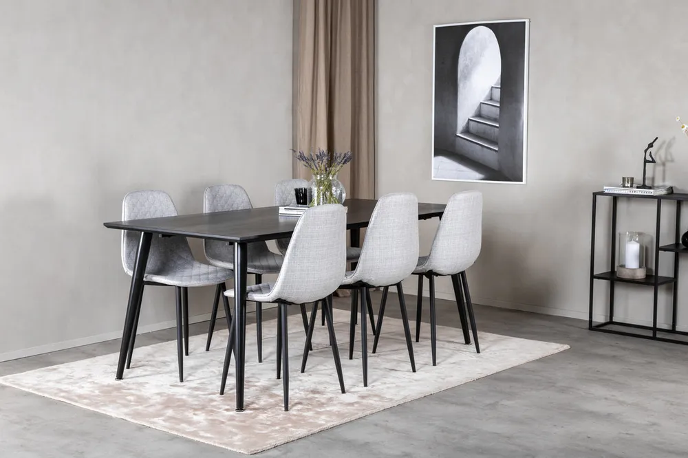 Dipp Spisebord 180 x 90 Charcoal & 6 stk Polar Spisebordsstole Grå