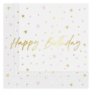 Guld/lyserød "happy birthday" servietter, 20 stk.