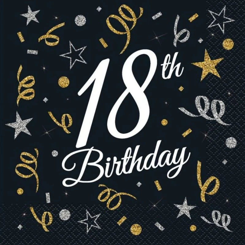 Sort "18th birthday" servietter, 20 stk.