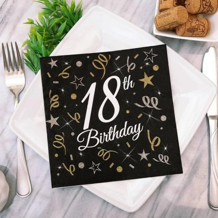 Sort "18th birthday" servietter, 20 stk.