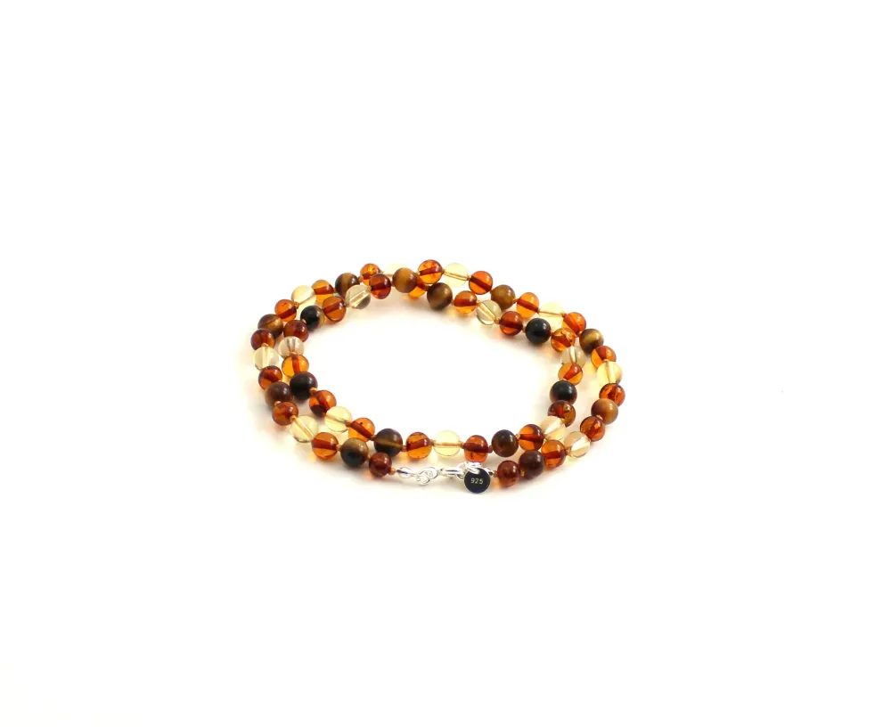 Rav halskæde med sølvlås - voksen - cognac - citrin & tigerøje - 45 cm.