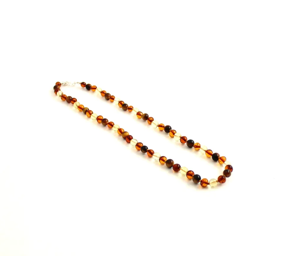 Rav halskæde med sølvlås - voksen - cognac - citrin & tigerøje - 45 cm.