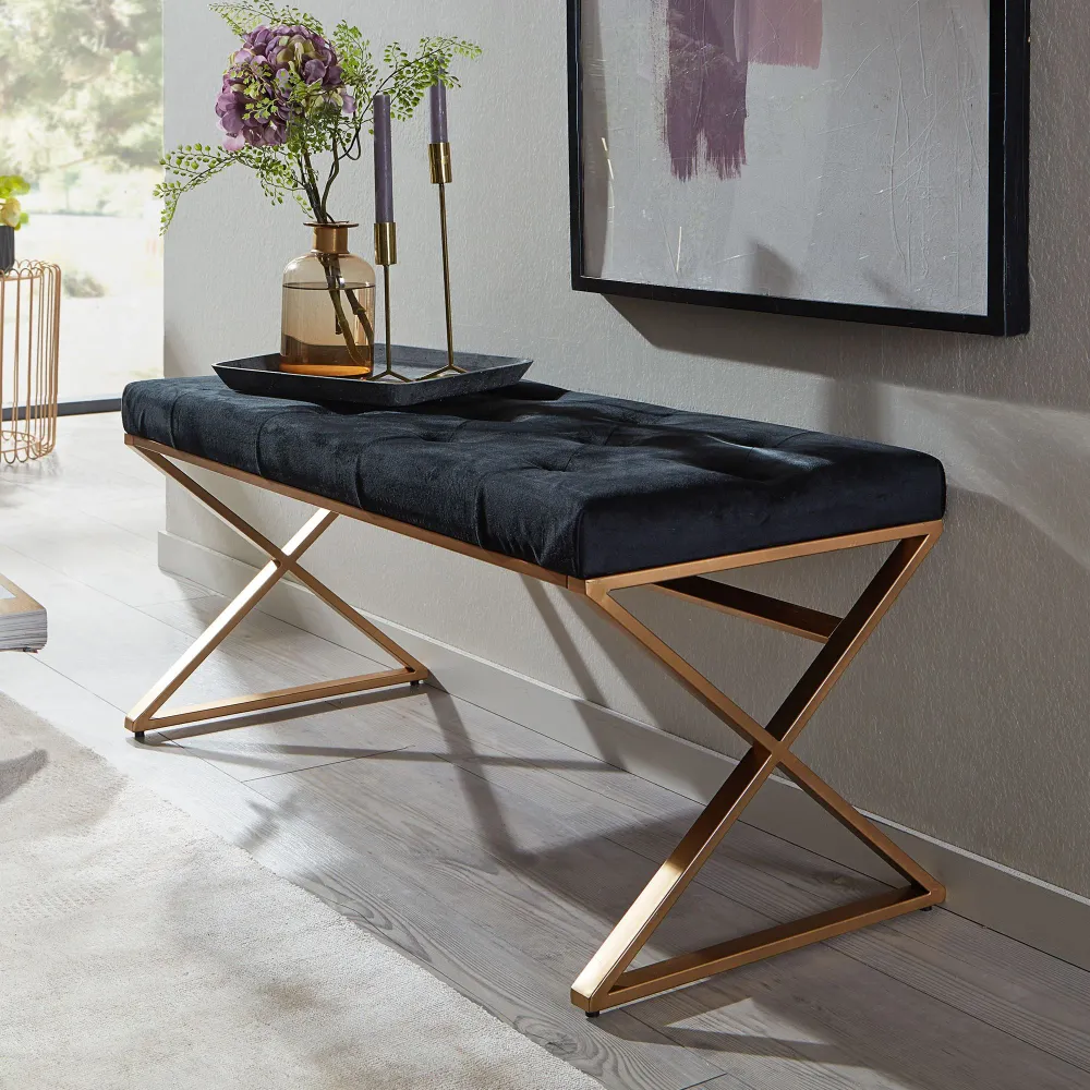 Bænk i onyx fløjlsstof, 90x46x44 cm, guldfarvet metalramme
