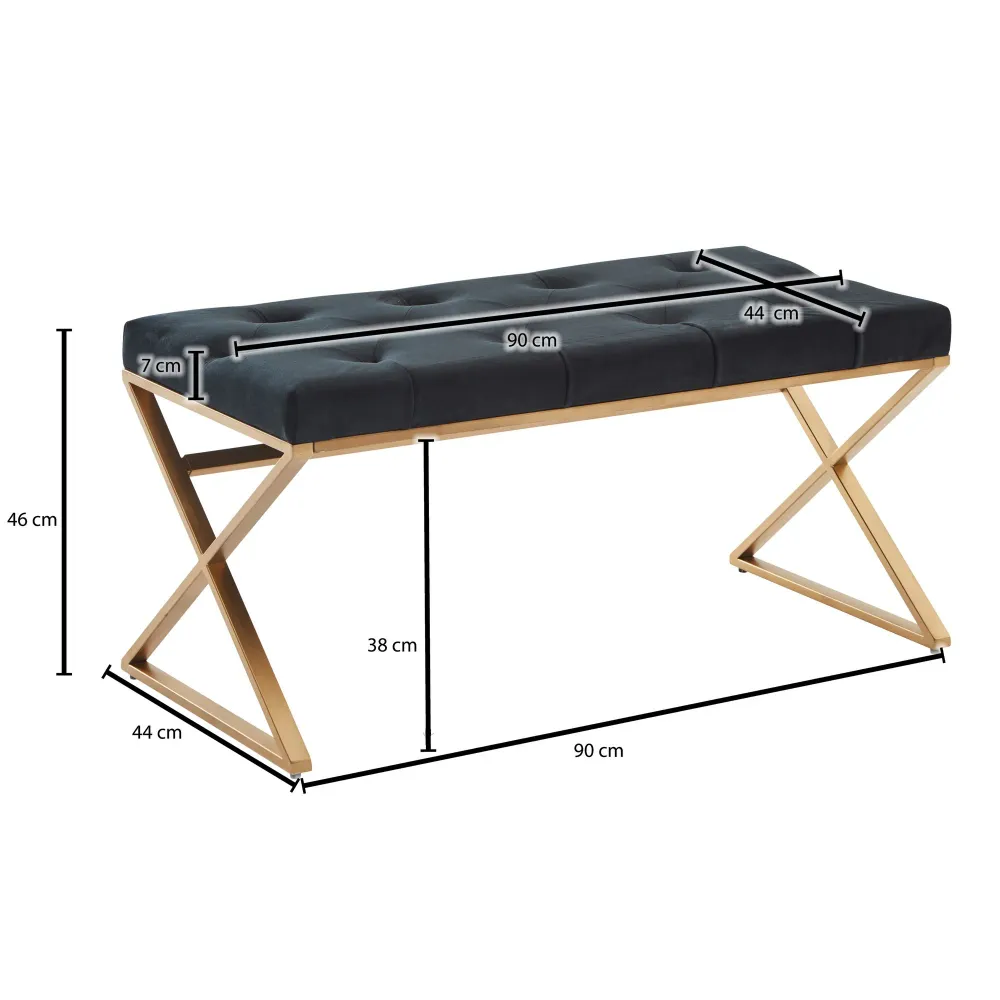 Bænk i onyx fløjlsstof, 90x46x44 cm, guldfarvet metalramme