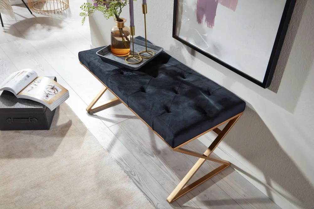 Bænk i onyx fløjlsstof, 90x46x44 cm, guldfarvet metalramme