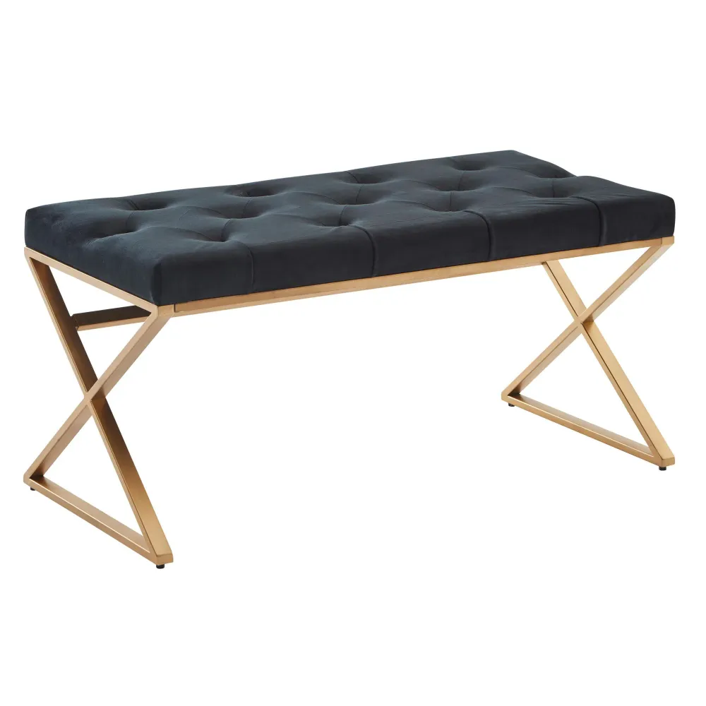 Bænk i onyx fløjlsstof, 90x46x44 cm, guldfarvet metalramme