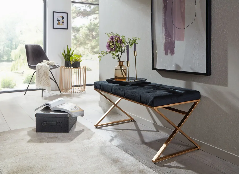 Bænk i onyx fløjlsstof, 90x46x44 cm, guldfarvet metalramme