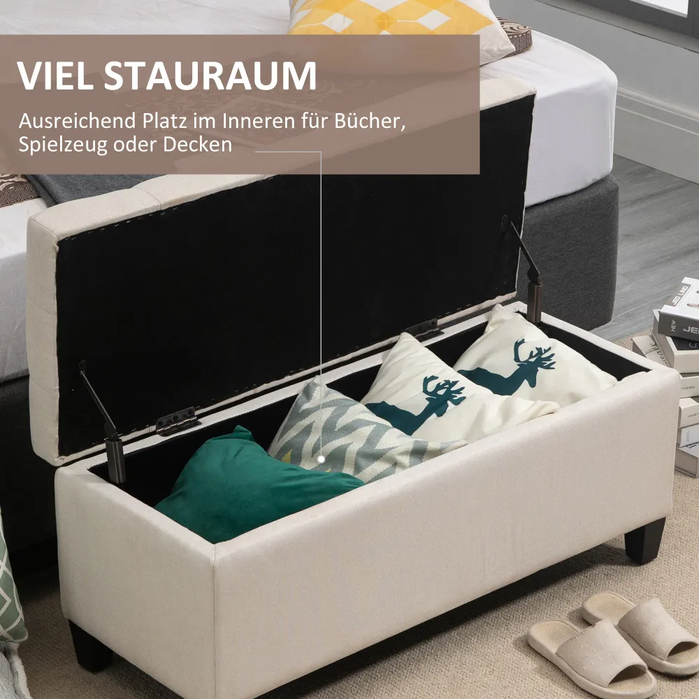 Bænk polstret bænk med opbevaringsplads kommodebænk entre soveværelse stue hørlignende synthetic-fabric gummitræ cremehvid...