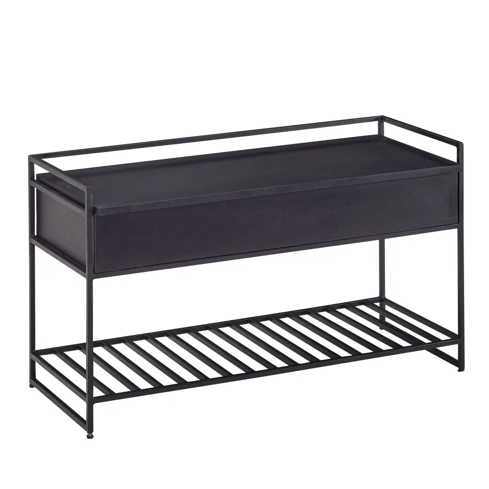 Håndlavet entrébænk / skobænk med opbevaringsplads, 90x52x38 cm, midnight træ og metal