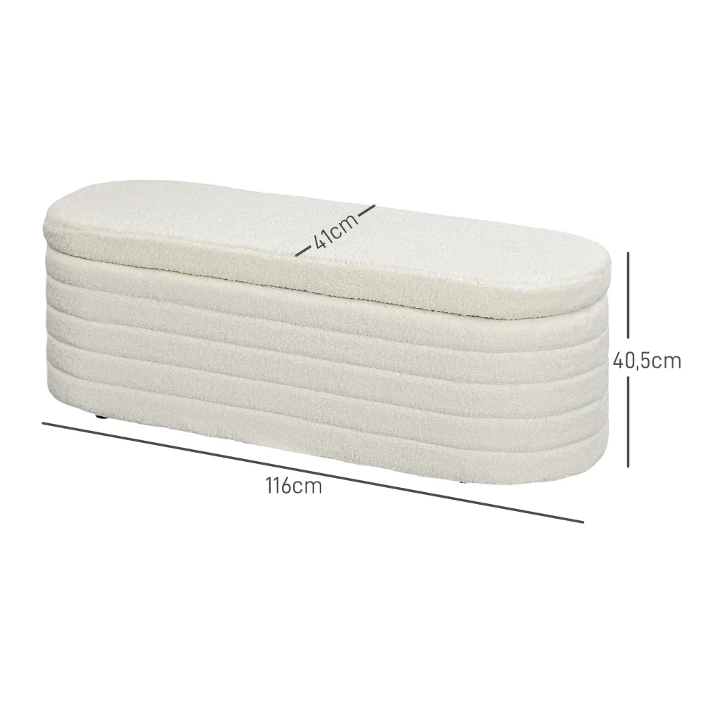 Sengebænk, opbevaringsplads, teddy cozy fabric, 116x41x40,5cm, cremehvid