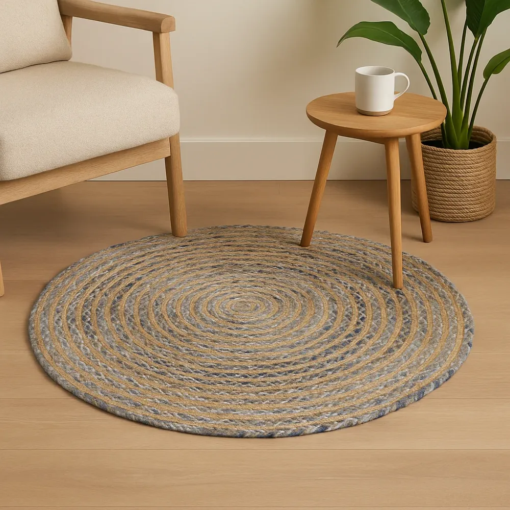 Rund jute- og genbrugsdenim tæppe 90 cm