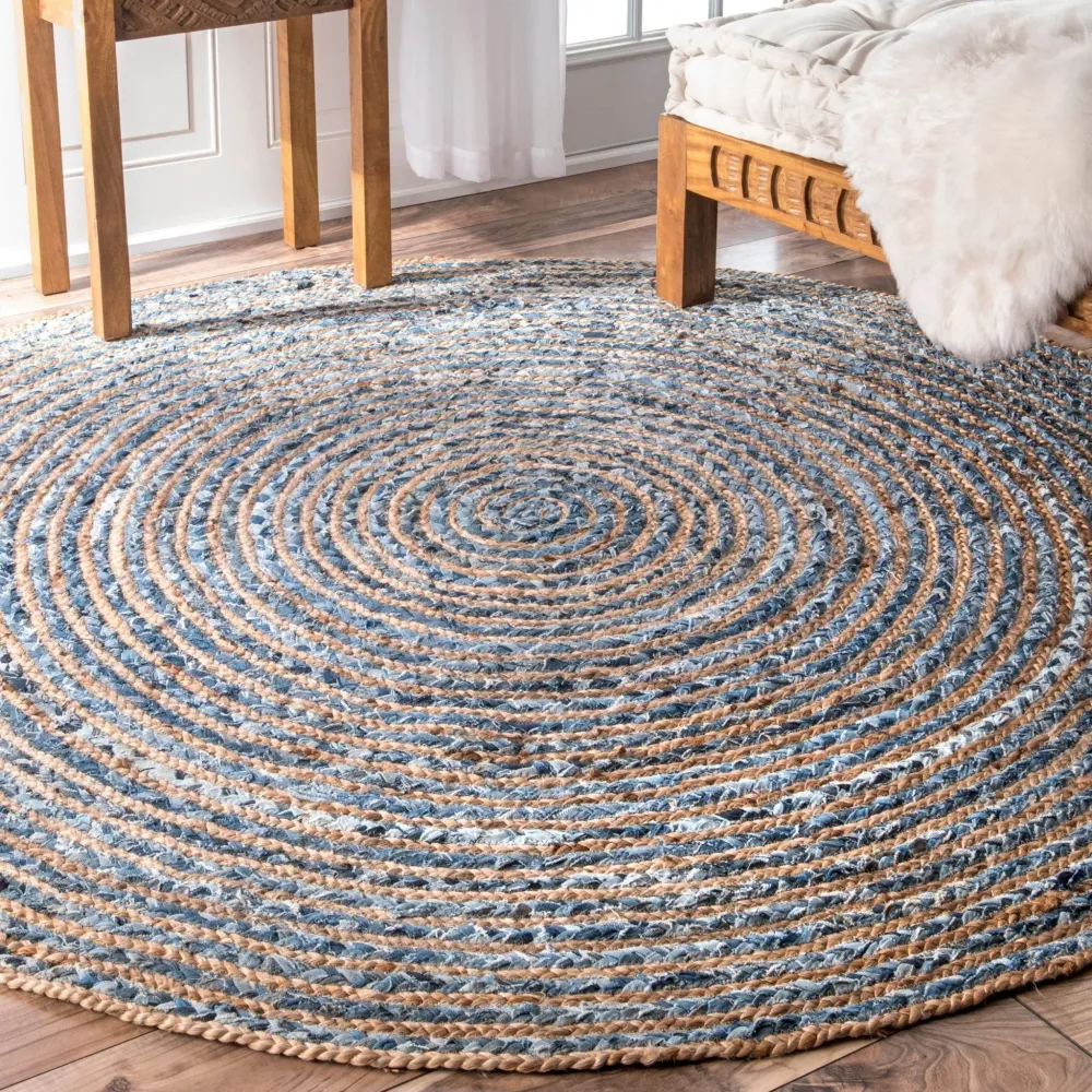 Rund jute- og genbrugsdenim tæppe 90 cm