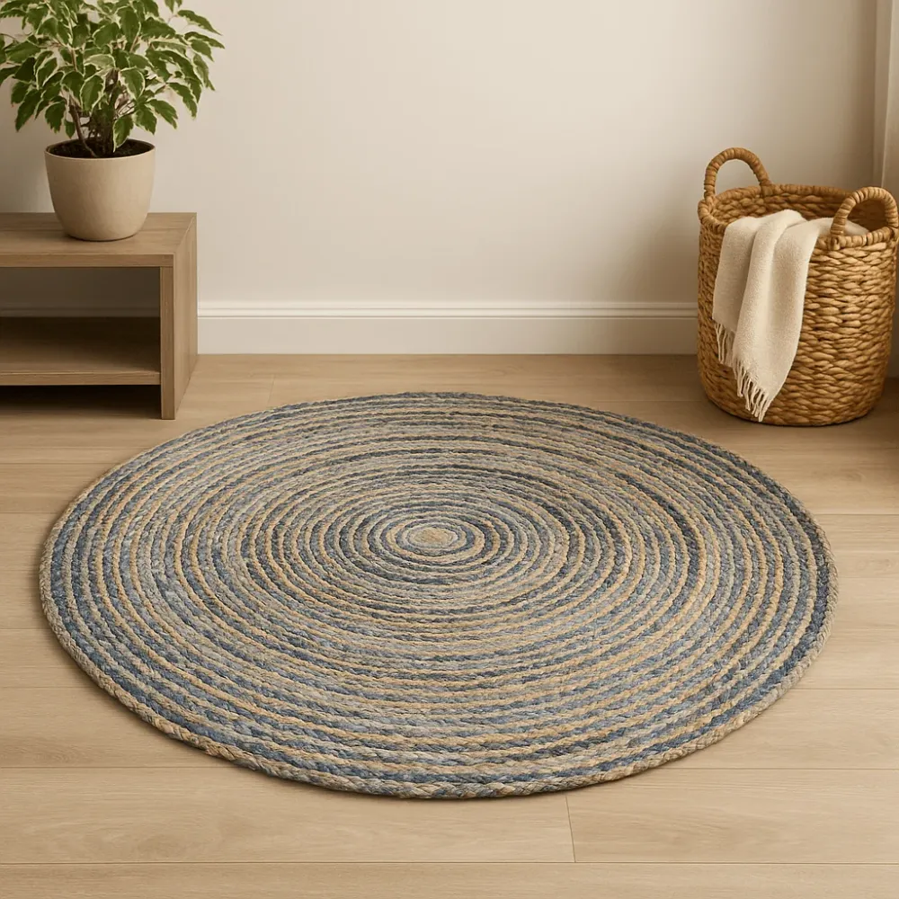 Rund jute genbrugt denim tæppe 150 cm
