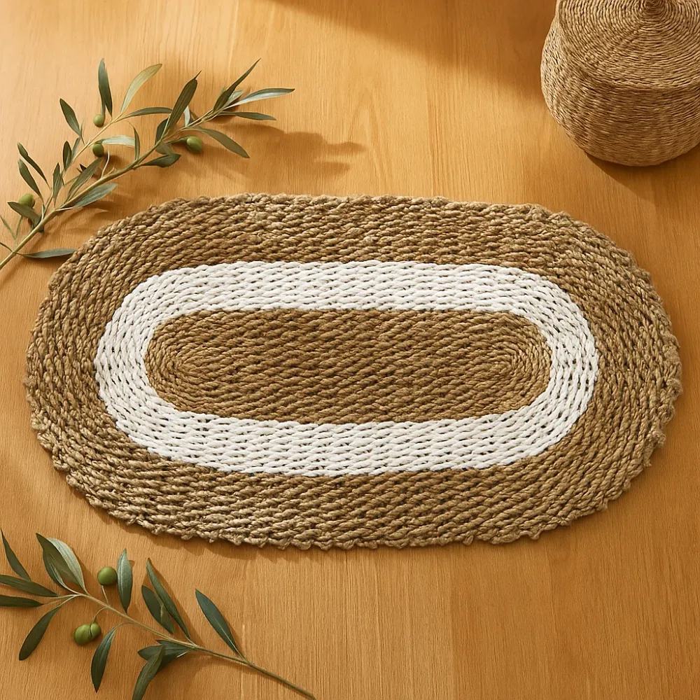 Sømgræs Tæppe Oval Hvid Og Tan 60x120 cm