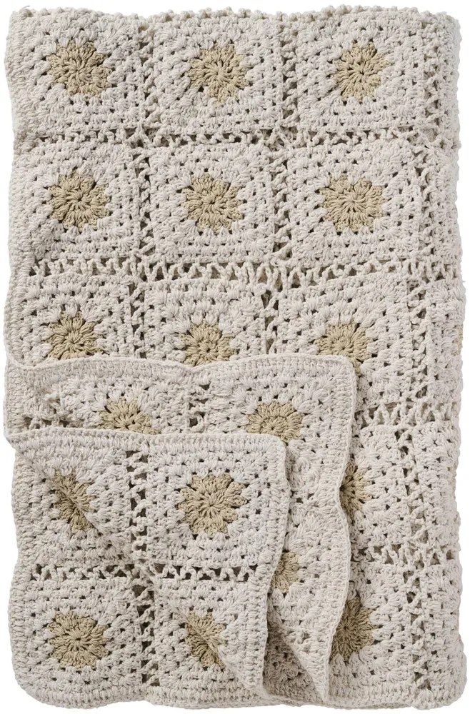 Ib Laursen - Plaid hæklet creme m/naturfarvede blomster - 100% bomuld - 6192-01