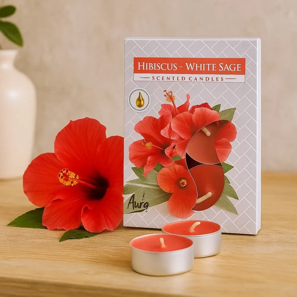 Duftlys til fyrfadslys, hibiscus og hvid salvie