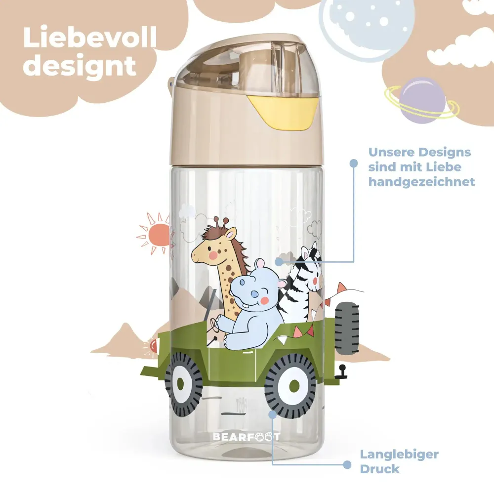 BEARFOOT Letvægts Drikkedunk Med Hank og Simpel Åbning - 450 ml - Safari Venner