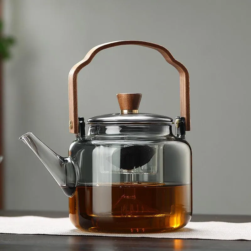 Glass Teapot Wood Handle | Smoked Glass Tea Brewing Pot